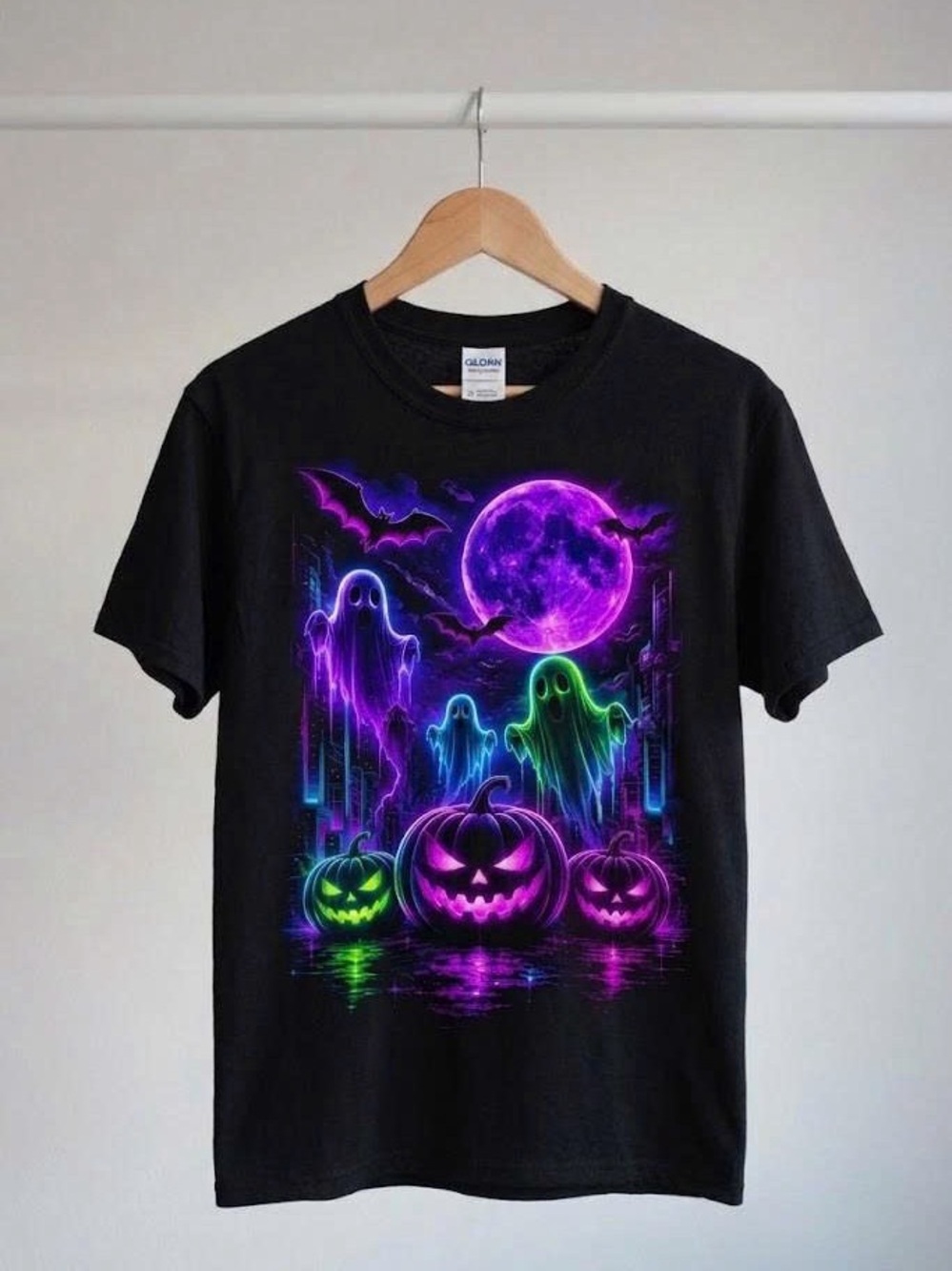 Gildan Black Halloween Neon Ghost & Jack-O'-Lantern Graphic Tee